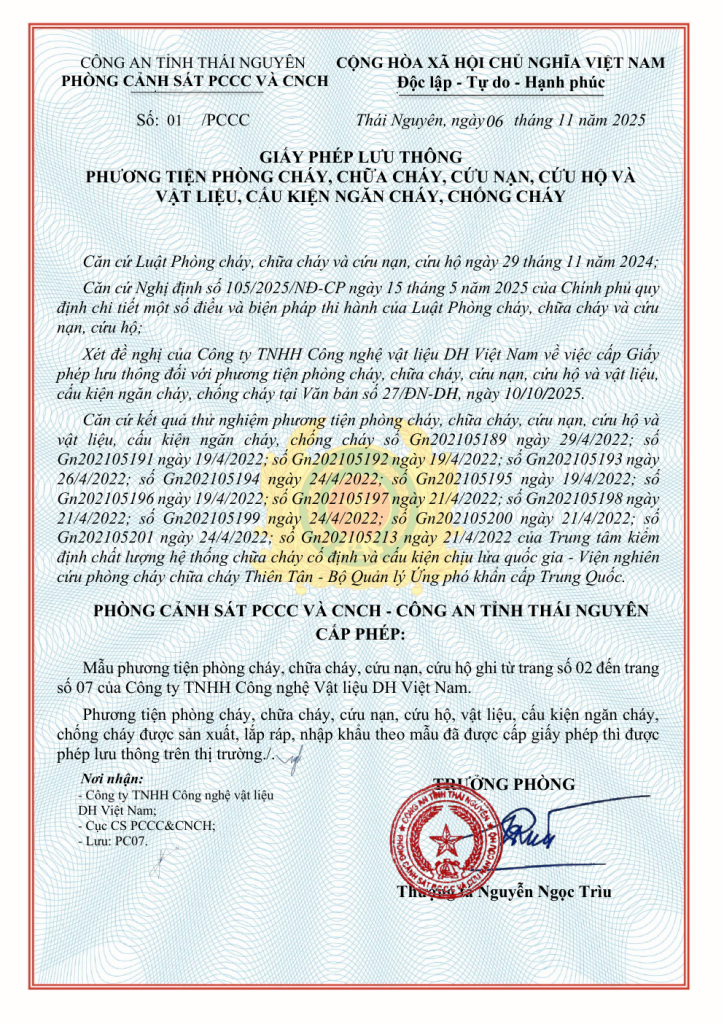 Giấy phép lưu thông Phương tiện PCCC và cứu nạn cứu hộ của ống CPVC DH VIỆT NAM